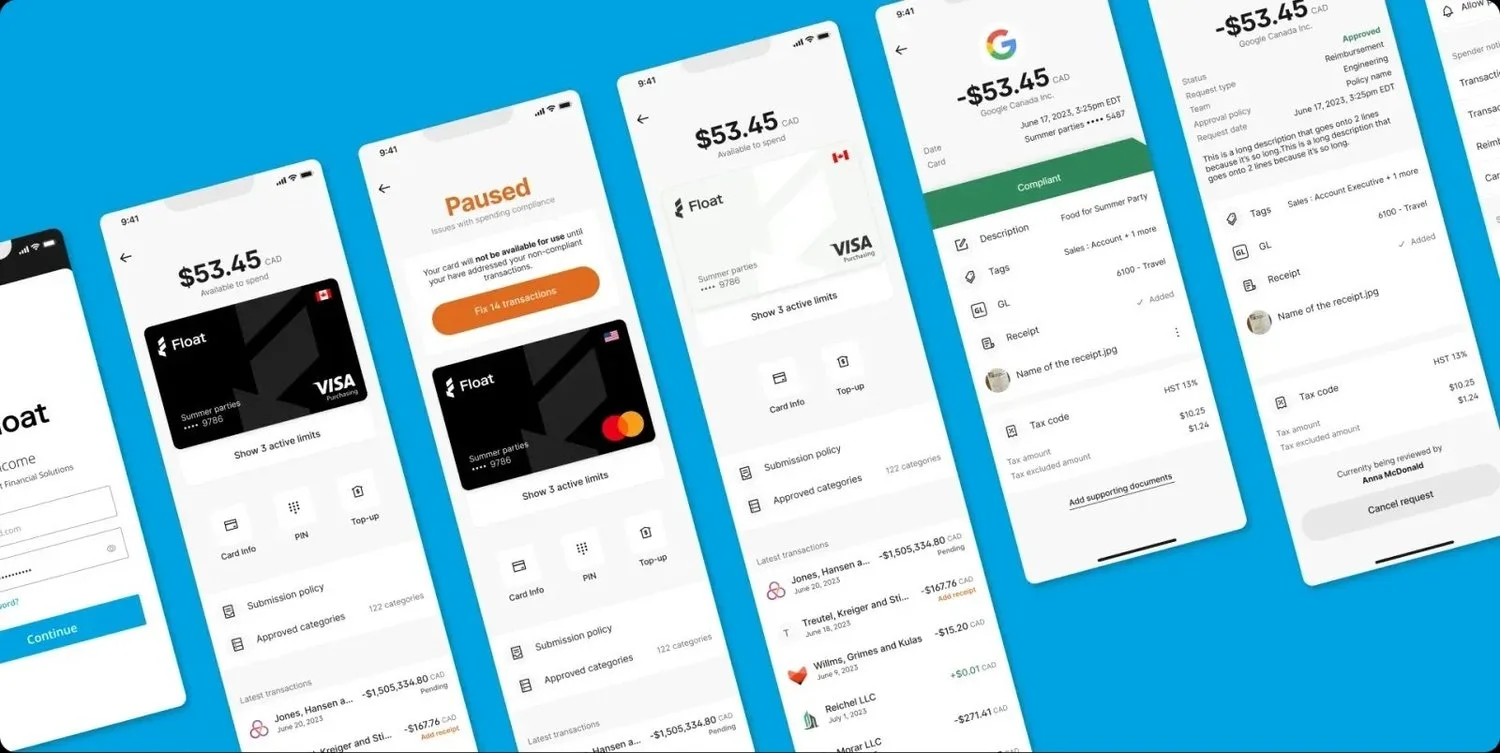 Float app screens for capturing receipts and categorising expenses