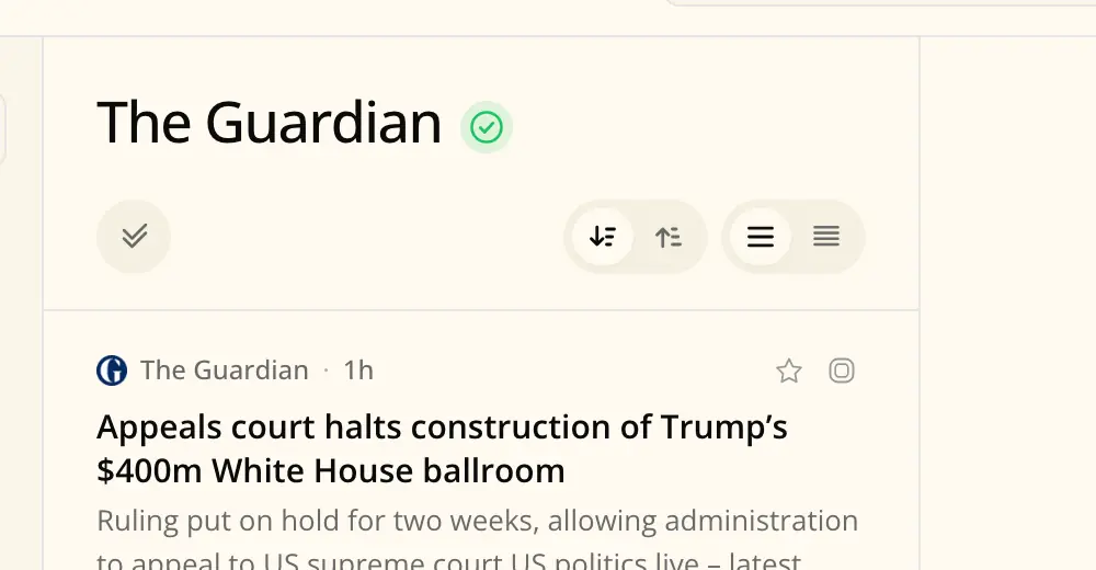 Hovering the reliability indicator beside a feed title reveals a card reading Reliable, The Guardian, Masthead Ratings