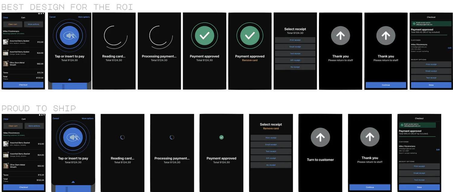 Two versions of the redesigned terminal payment flow — 